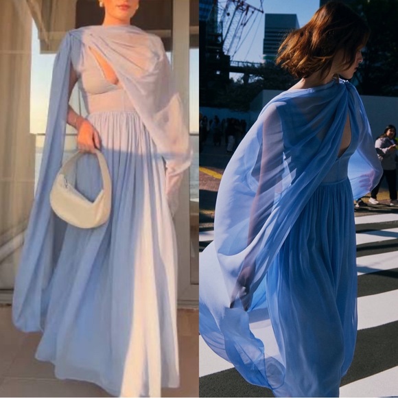 HELSA Sabine Silk Cape Overlay Chiffon Sheer Hydrangea Blue Midi Dress Size S - Picture 4 of 15